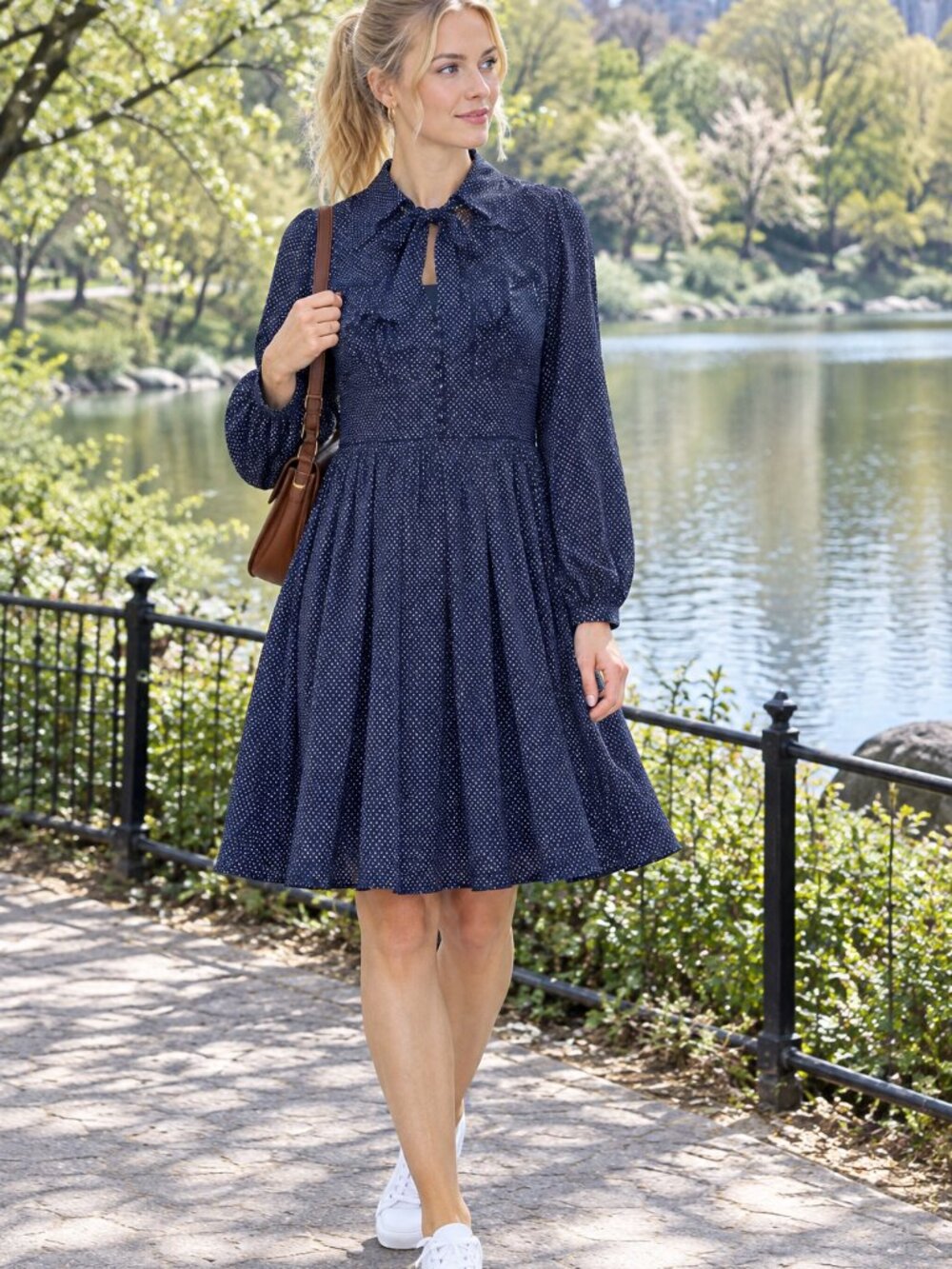 Michael Kors Navy And White Polka Dor Georgette Dress